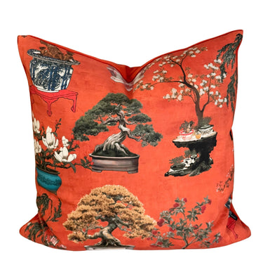 Oriental red throw pillow with bonsai tree and floral pot print